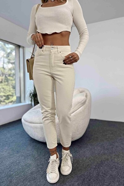 MAKRAS EXCLUSIVE A183853 Κρεμ Λύκρα Παντελόνι Mom Jean Ψηλόμεσο Τζιν Τζιν με στενό πόδι