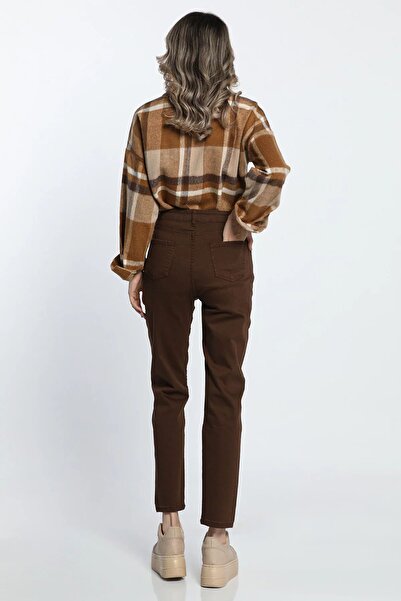 MAKRAS EXCLUSIVE A117751 Καφέ Mom Jean Γυναικείο τζιν Boyfriend με ψηλόμεσο τζιν από λύκρα με στενό πόδι