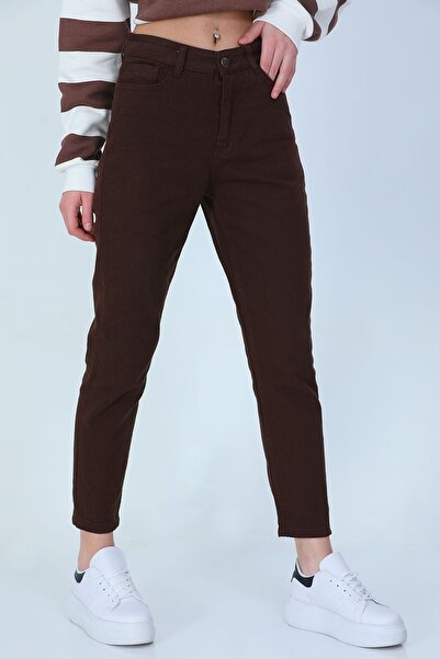 MAKRAS EXCLUSIVE A153641 Women's Mom Fit Jean Brown High Waist Jeans Skinny Leg Denim Pants