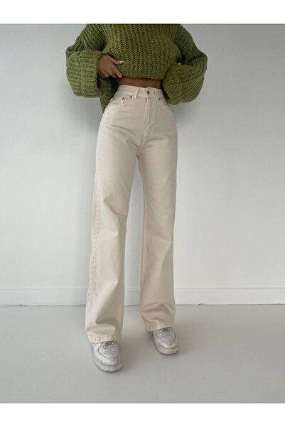 MAKRAS EXCLUSIVE بنطلون جينز نسائي A129227 بخصر عالٍ وقصة واسعة وفضفاضة بلون إكرو