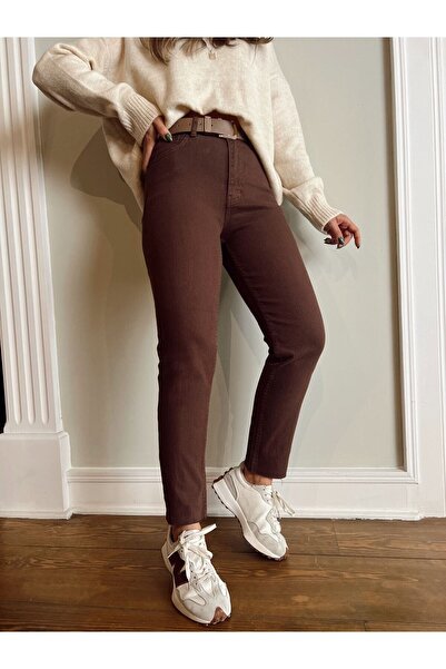 MAKRAS EXCLUSIVE A110825 Καφέ Lycra Mom Fit Ψηλόμεσο τζιν παντελόνι με στενό πόδι