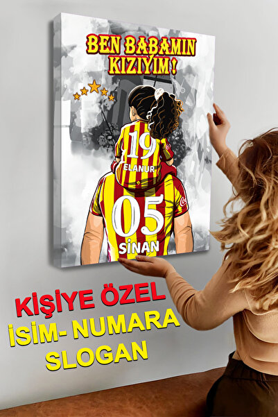 Sophanos Sarı Kırmızı Taraftar Baba-Kız Kişiye Özel Kanvas Tablo Kıvırcık Siy...