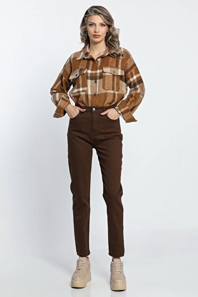 MAKRAS EXCLUSIVE A117751 Καφέ Mom Jean Γυναικείο τζιν Boyfriend με ψηλόμεσο τζιν από λύκρα με στενό πόδι