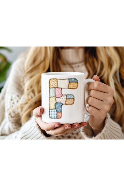 Beramussa Letter F Colorful Patchwork Design Mug - Bohemian Patchwork Pattern...