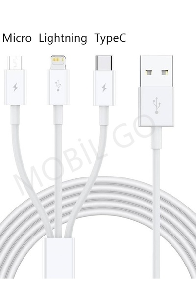 MOBİL GO Micro Usb Iphone Type-c Uyumlu 3in1 Hızlı Şarj Kablosu 3 Uçlu Şarz K...