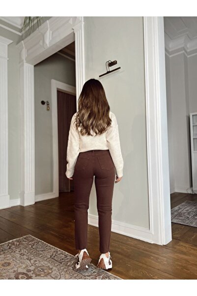 MAKRAS EXCLUSIVE A110825 Καφέ Lycra Mom Fit Ψηλόμεσο τζιν παντελόνι με στενό πόδι