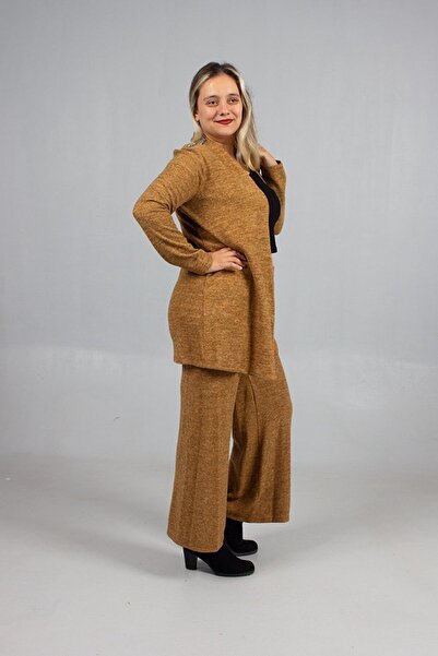 Truva XXL Cotton Wool Viscose Plus Size Pants Cardigan Set Mustard