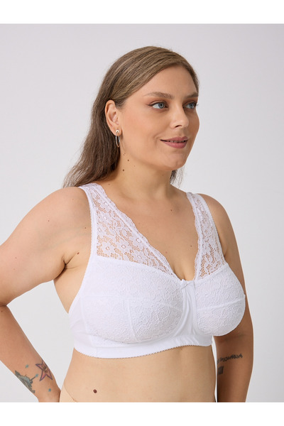 Brandpanty Women's White Lace Thick Strap Wireless Minimizer Bra 5938090-Nancy