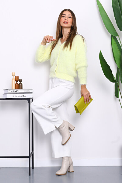 İmajButik Yellow Buttoned Short Angora Soft Knit Cardigan