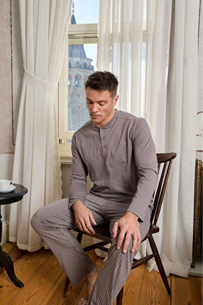 Pijamoni Men's Combed Cotton Buttoned Collar Vision Color Pajama Set