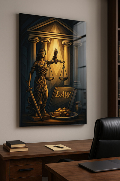 Avelon Çerçevesiz Adalet Temalı Cam Tablo – Hukuk Bürosu ve Ofis Duvar Dekoru