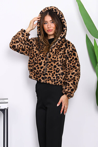 İmajButik Palton scurt de pluș cu model leopard de nurcă