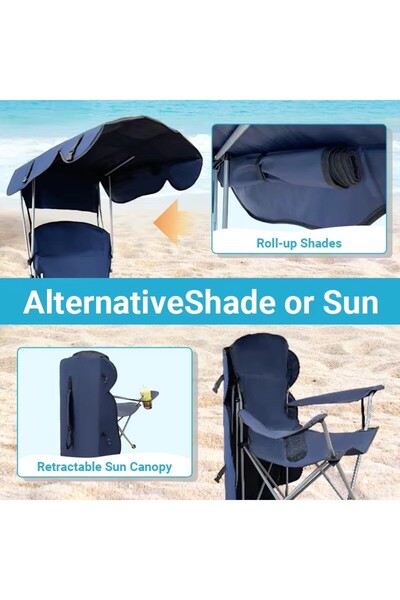 Generic Folding camping chair with canopy, full sun protection, side stand, cup holder, 127cm height, blue