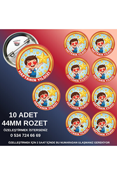 tuse rozet dükkanı Haftanın Yıldızı – 44mm Buton Rozet, 10 Adet Kişiye Özel