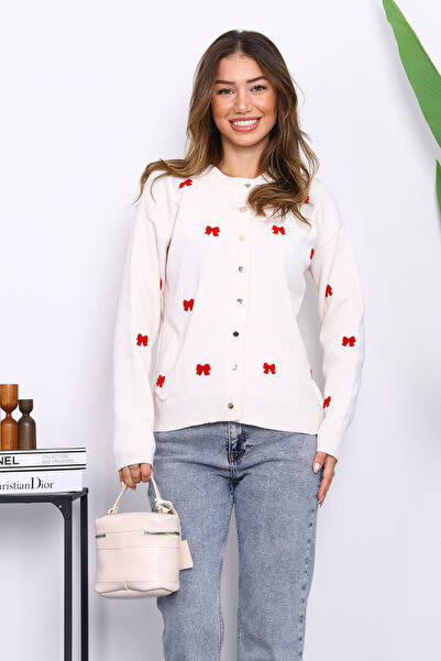 İmajButik Cardigan tricotat cu broderie cu fundă de piatră