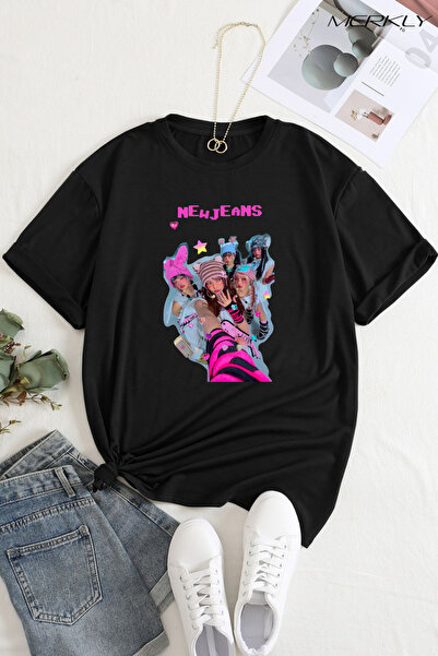 barsdepo تي شيرت مطبوع من New Jeans، تي شيرت كبير الحجم للجنسين باللونين الأب...
