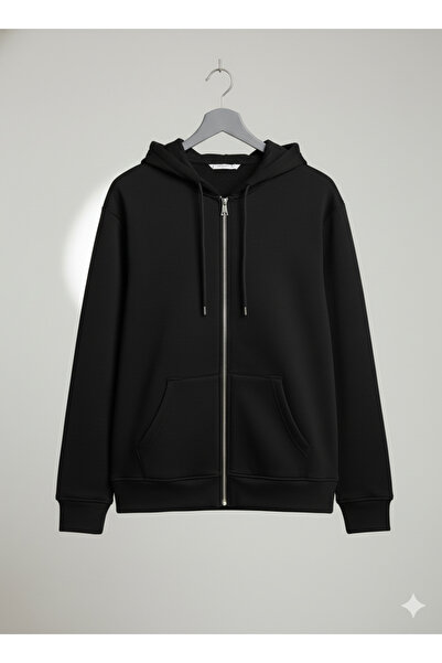 LAYKRA Siyah Basic Kanguru Cepli Regular Normal Kalıp Pamuklu İçi Polarlı Kapüşonlu Sweatshirt Ceket