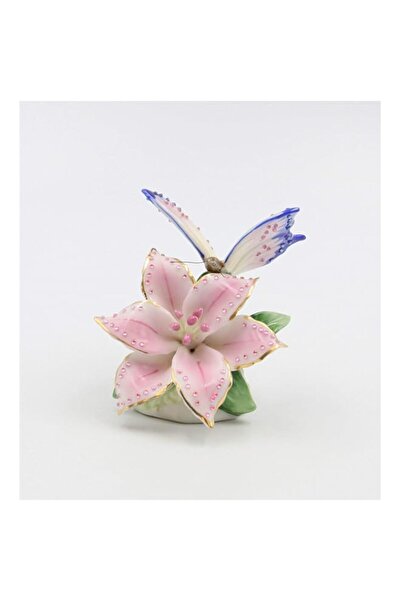 Generic Cosmos Gifts Fine Porcelain Faux Jewel Butterfly with Pink Stargazer Lily Flower Figurine, 3-1/4" H