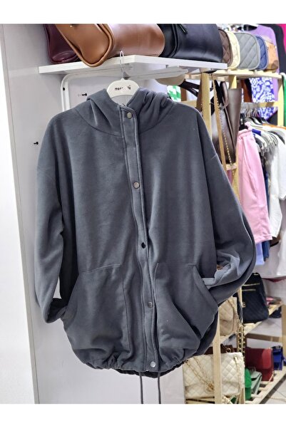 Melanj polar oversize fermuarlı sweatshirt