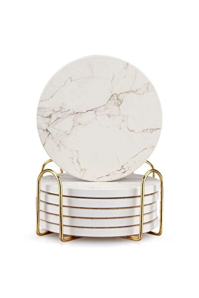 Generic 6 Pcs White Marble Coaster Set With Holder - Best Absorbent Ceramic B...