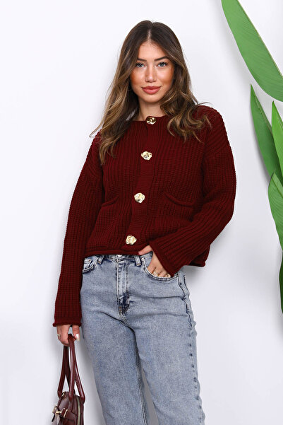 İmajButik Burgundy Thessaloniki Braided Short Knit Cardigan