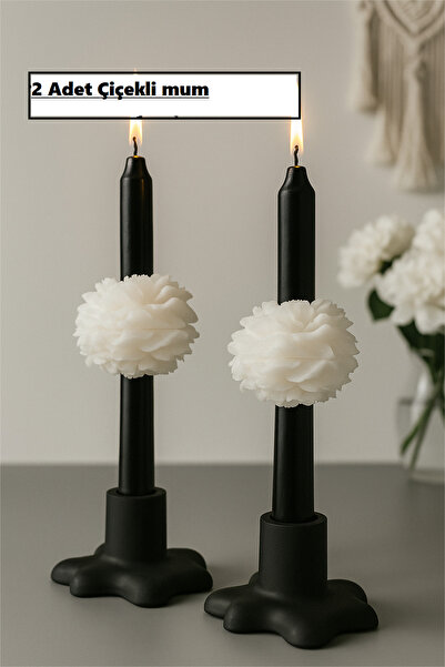 Loş Dükkan 2 adet Siyah Şamdan Mumu -Özel Tasarım Çiçekli Şamdan Mumu Şakayık...