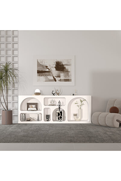 klubeconcept %100 MDF Beyaz Renk Modern Dekoratif Nişli Konsol 210x80 cm Geni...
