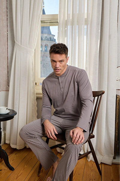 Pijamoni Men's Combed Cotton Buttoned Collar Vision Color Pajama Set