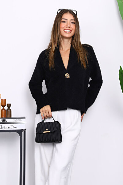 İmajButik سترة أنجورا ناعمة سوداء بزر واحد