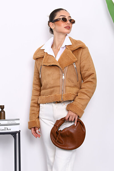 İmajButik Camel Plush Short Suede Coat