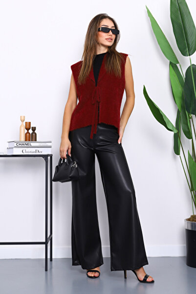 İmajButik Burgundy Front Tie Short Angora Soft Vest