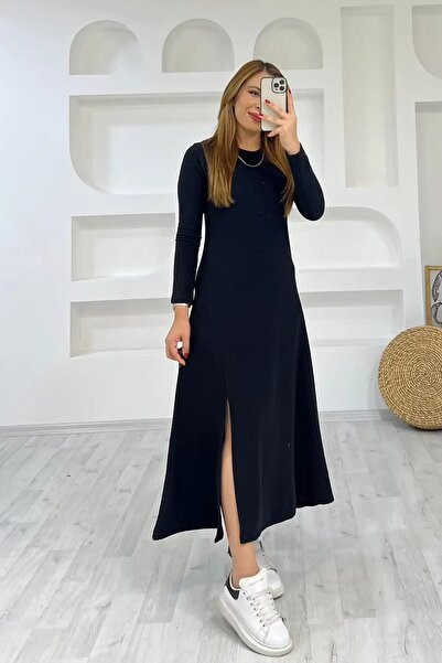 JANES Women's Long Sleeve Crew Neck Slit Detail Maxi Length Dress