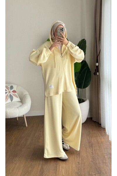 RFK Butik Women's Zipper Detailed Hooded Two-Piece Set - Yellow