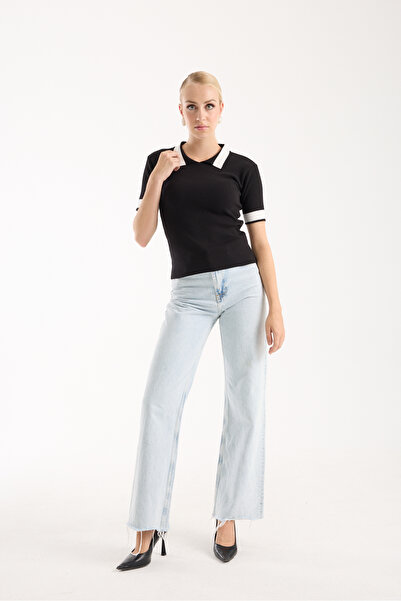 WOMENTİ بلوزة نسائية سوداء بياقة بيبي وأكمام نصفية وبلوزة تريكو ملونة