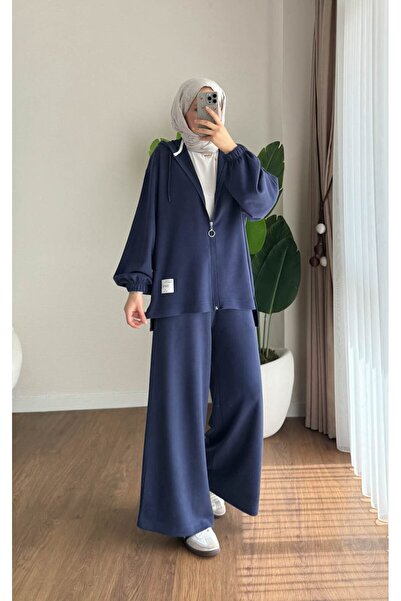 RFK Butik Women's Zipper Detailed Hooded Two-Piece Set - Navy Blue