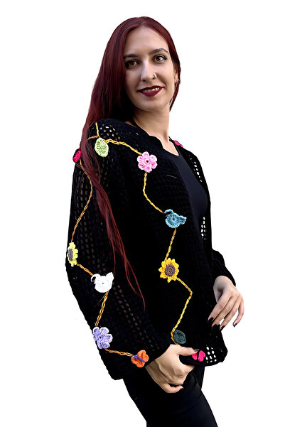 MR TURUNÇ Kadın Siyah File Detay El Örgüsü Çiçek Desenli Hırka