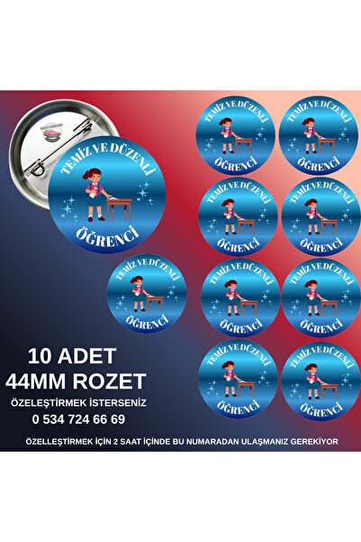 tuse rozet dükkanı Temiz ve Düzenli Öğrenci – 44mm Buton Rozet, 10 Adet Kişiy...