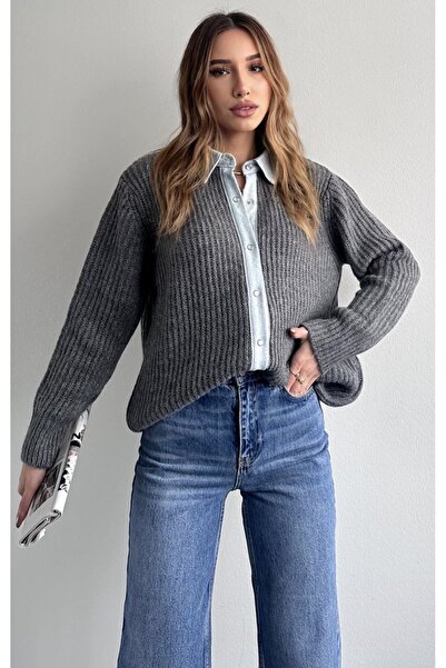 fujya Cardigan oversize Sofia din tricot cu guler de blugi