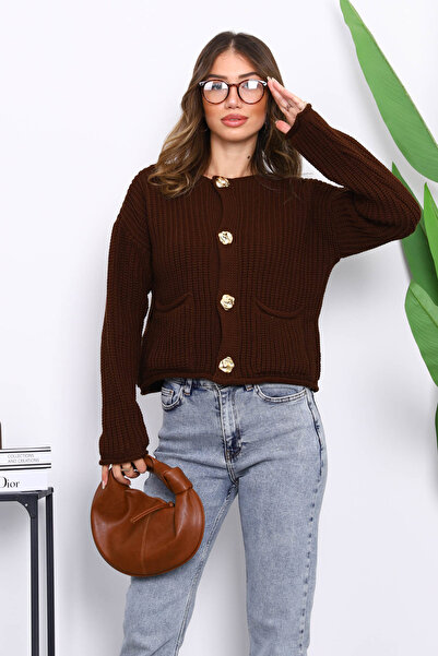 İmajButik كارديجان تريكو قصير مضفر باللون البني من سيلانيك