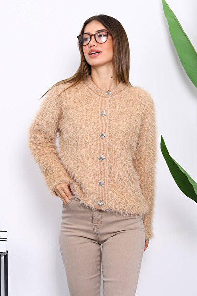 İmajButik كارديجان تريكو ناعم من أنجورا اللامع بأزرار من فرو المنك