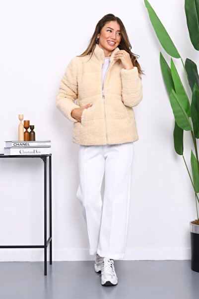 İmajButik Palton scurt de pluș, căptușit cu fermoar, bej