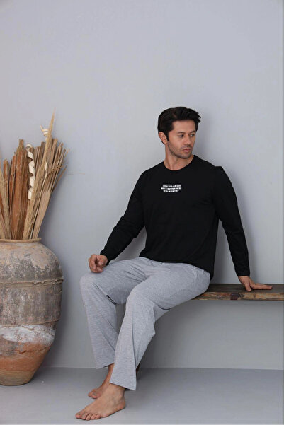 Pijamoni Men's Crew Neck Milan Fabric Black Pajama Set
