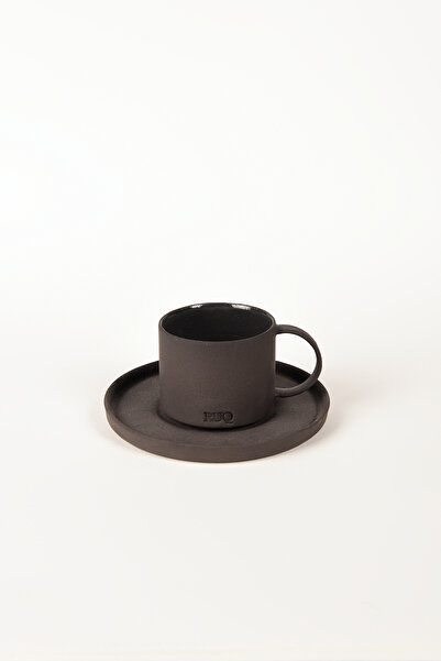 RUQ Ceramics فنجان وصحن قهوة تركي أسود من الحجر – سعة 70 مل – قطعة واحدة