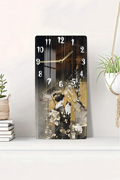 kutuTR Temperli Cam Tablo Saat – Japon Kadın & Kedi Tasarımı (30×60 cm)– UV B...