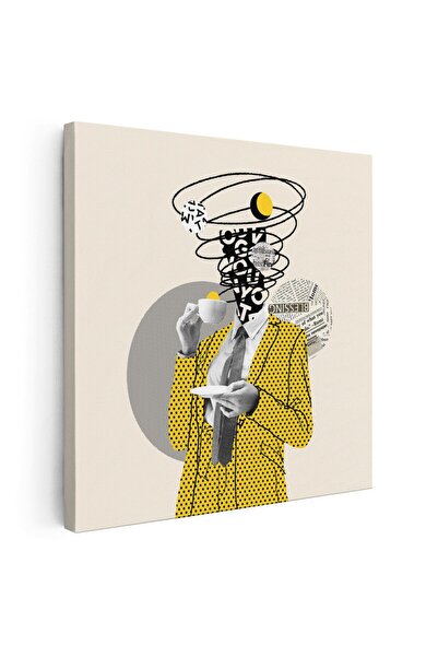 Tablou Canvas Tablou pop art colaj barbat costum galben cu cafea, galben, cod...