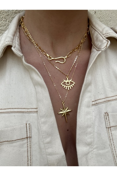pop up store Eye and Star Detail Gold Color Triple Necklace Set
