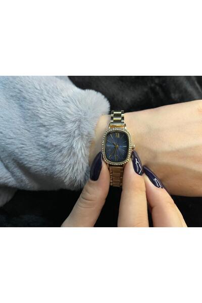 Tasarım Moda Ve Aksesuar Taşlı Kare Kasa Mavi Kadranlı Metal Kordon Kadın Kol...