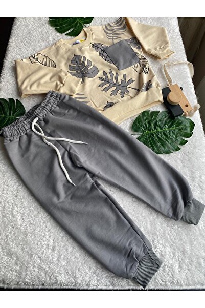 WİKİBOOM Boy's Beige-Grey Leaf Patterned Double Suit