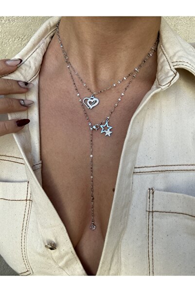 pop up store Double Chain Heart and Star Detail Steel Necklace Set
