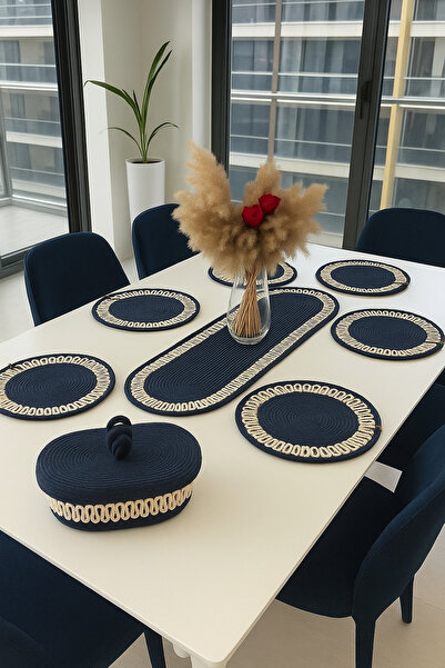 Metasupla 6’lı Supla 1 Runner 1 Kapaklı Örgü Ekmek Sepeti Seti Krem Lacivert Desenli Sunumluk